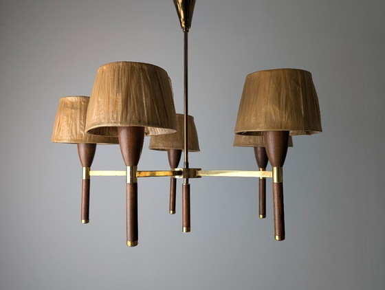 Image 1 of Danish Five-Arm Chandelier in Wood and Brass, 1950s
