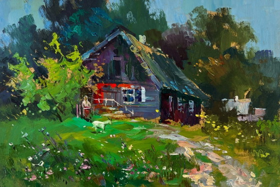 Image 1 of Original Oil Painting Summer Village Landscape Lonely house on the green of the hill