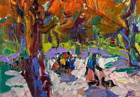 Image 1 of Original Oil Painting Fall Trees Landscape Steps through autumn