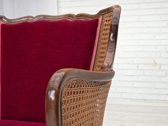 Image 1 of Fauteuil danois des années 1950, velours d'ameublement, bois de frêne, maille d'ameublement.