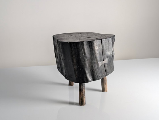 Image 1 of Black Ebonized Wabi-Sabi Wood Stool with Butterfly Joints