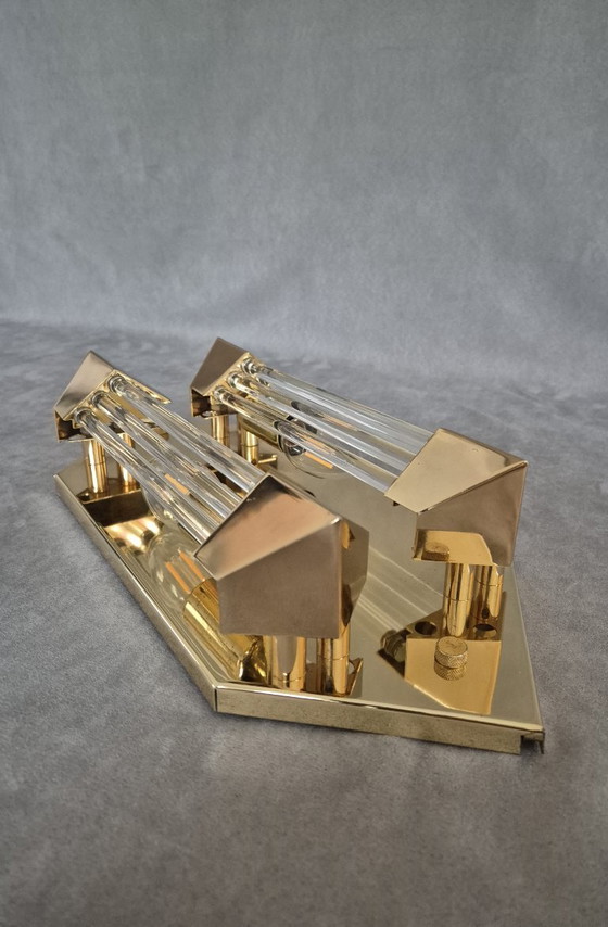 Image 1 of Applique murale Honsel vintage années 1980 – Métal doré, diffuseurs en verre, 2×E14