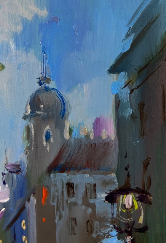 Image 1 of Original Oil Painting Gloomy Street Landscape Dynamics of the city during rain
