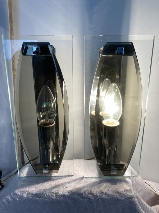 Pair of Wall Sconces, Vintage 70s Style Fontana Arte, Italian Craftsmanship – wandlampen, Metal, Glass (photo 2 of 15)