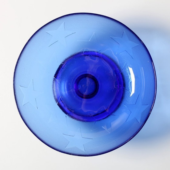 Image 1 of Blue Pressed Glass Pedestal Bowl with Stars Pattern / Italy / 2000s