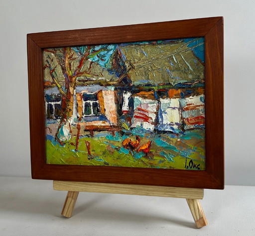 Original Oil Painting Summer House Landscape Village courtyard