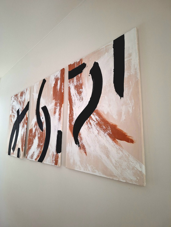 Image 1 of Triptych three paintings japandi terracotta