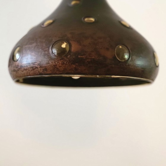 Set van 2 Brutalistische koperen en amber kleurig glazen hanglampen van Peill & Putzler – Glass, Copper (photo 8 of 8)