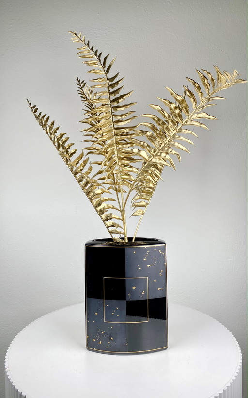Vintage Zwart & Goud Rosenthal Studio-Linie Geometrische Vaas - Strakke Duitse Postmoderne Stijl Woondecoratie
