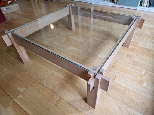 Vierkante eiken/ glazen salontafel