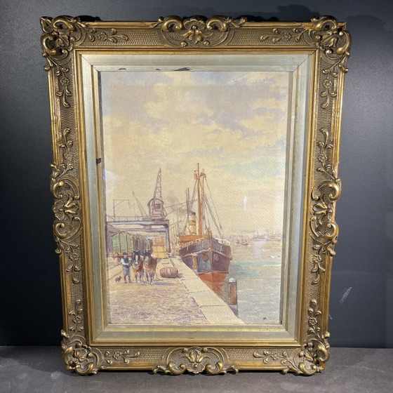Emile Lhernault, Darsena a Bruxelles, Acquerello, Anni '10 – Dipinti e disegni, Paper (photo 3 of 12)