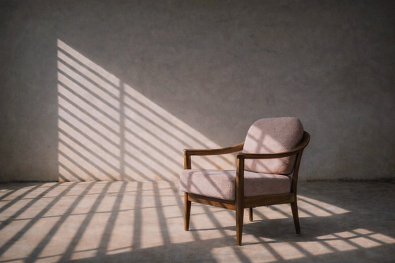 Image 1 of Vintage Mid-Century German Modern Cherry Wood & Dirty Pink Fabric Armchairs from Wilhelm Knoll, 1970s, Set of 2