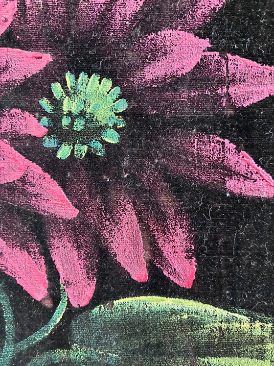 Image 1 of Set vintage original velvet flower oil painting, pair of flower still life art