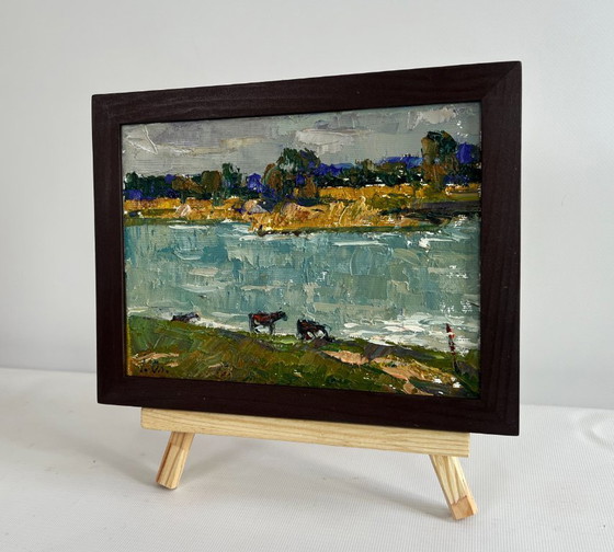Image 1 of Original Oil Painting Gloomy River Landscape At the watering hole