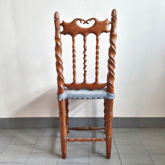 Image 1 of Handcrafted vintage chair from the 1950s in carved wood and velvet, 1950s folk art