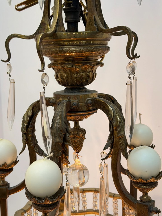 Impressionnant lustre ancien français en bronze doré et cristal, Verre (photo 8 sur 9)
