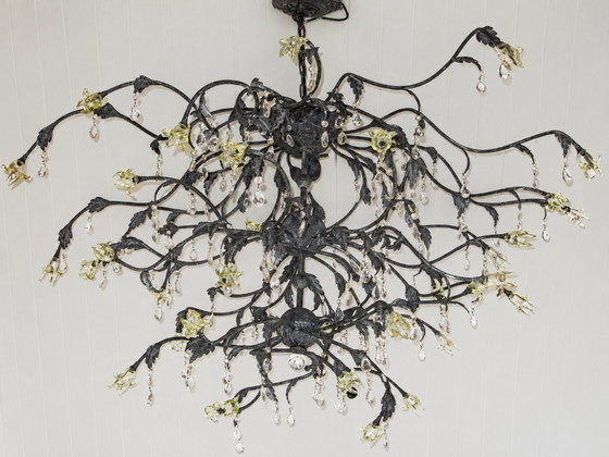 Large chandelier with glass flowers and crystals, Nuova Odissea design kroonluchter, Metal, Black, Klassiek (photo 2 of 5)