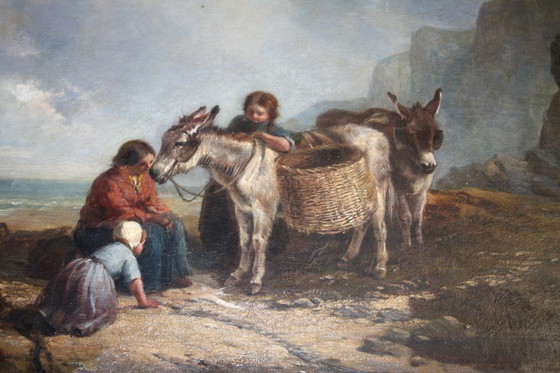 Image 1 of Pintura al óleo de Joseph Paul Pettitt y George Young "Recolectores de mejillones en la costa sur" mate