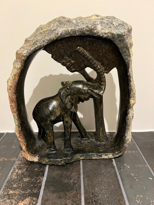 Escultura de elefante de piedra – Estatua decorativa con arco de piedra – 21 cm – decoratieve objecten, Stone