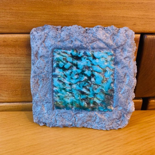 Signed Vintage Enamelled Decorative Tile Turquoise Blue and Grey