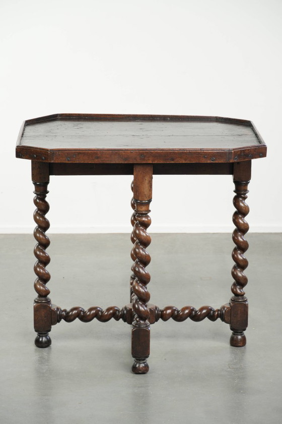 Image 1 of Very special antique English walnut side/center table with beautiful turned legs and an octagonal top from ca. 1680.