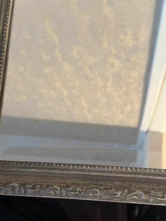 Antique Beveled Mirror, Anthracite Molded Wood Frame H 30/W25 cm, Glass, Grey, Vintage (photo 3 of 12)