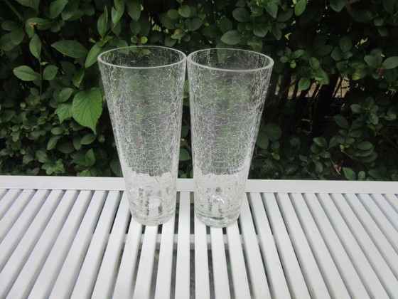 Image 1 of Crackle Glass Ice Bucket and 2 Matching Long Drink Glasses, mid century modern