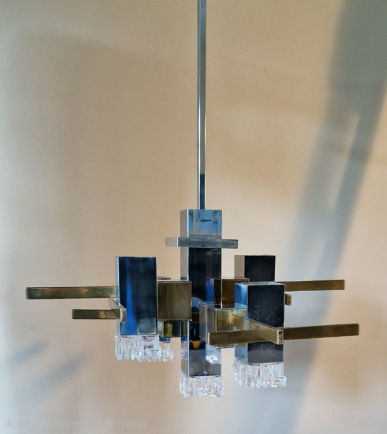 Image 1 of Vintage Italian design chandelier, Cubic, Gaetano Sciolari, chrome, brass, glass, 1970s
