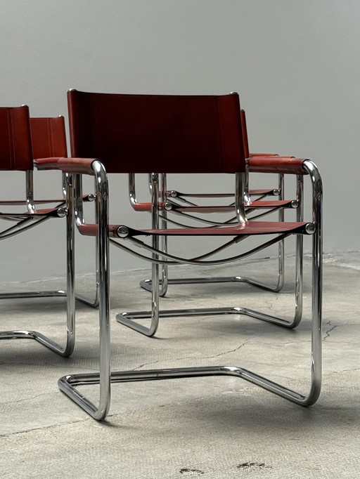 Set of 6 Mart Stam for Fasem "S34" Early Edition leather chrome cantilever red-brown, Italy 1960s