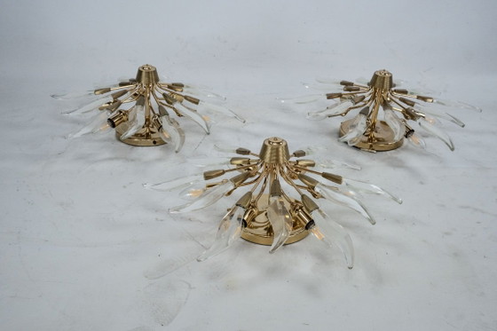 Set of three ceiling lamps in brass and crystal. Italy 1970s, Ceiling lights, Gold (photo 4 of 17)