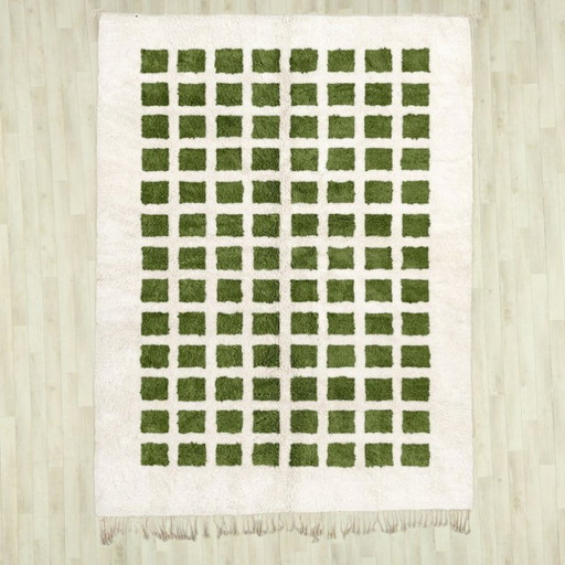 Handgewebter grüner karierter Wollteppich: 3 x 2 Meter