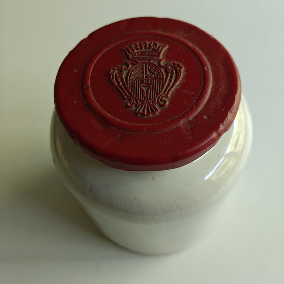 Image 1 of Vintage Pommery Moutarde de Meaux mustard pot in glazed stoneware, with original red lid.