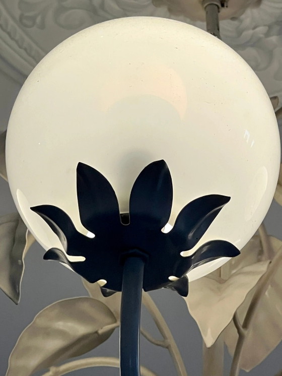 Rarity! Original Art Nouveau Pendant Lamp, Opal Glass with Leaf Motif, 1920 – Brass (photo 7 of 7)