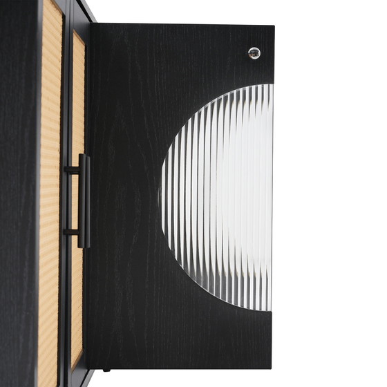 Image 1 of Credenza nera Urban Meuble con ante in vetro in rattan, anta semicircolare 160*40*80cm VELZU
