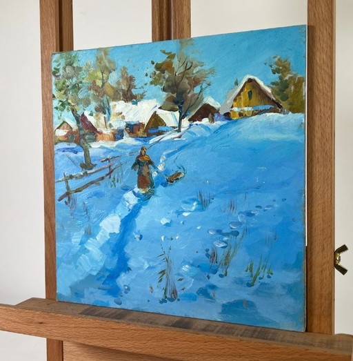 Pintura al óleo original: Paisaje de pueblo nevado. Cuento de una tarde de invierno.