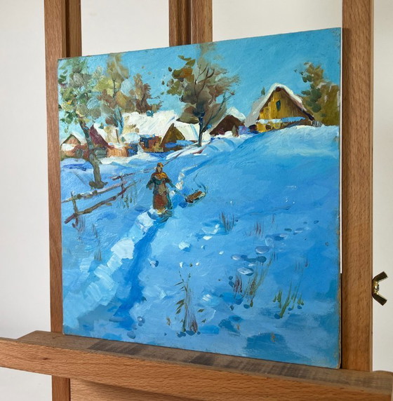 Image 1 of Peinture à l'huile originale Paysage de village enneigé Conte du soir d'hiver