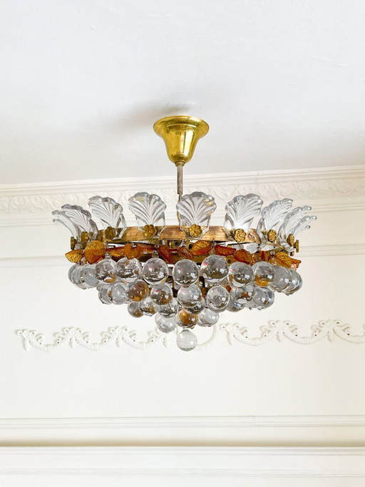 1960s Murano Glass Chandelier, Orange & Clear Glass Leaves, Solid Brass Spanish Vintage Ceiling Light