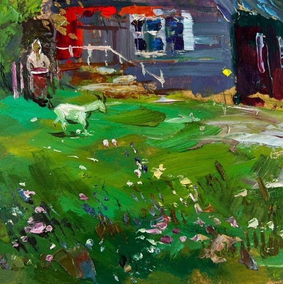 Image 1 of Original Oil Painting Summer Village Landscape Lonely house on the green of the hill