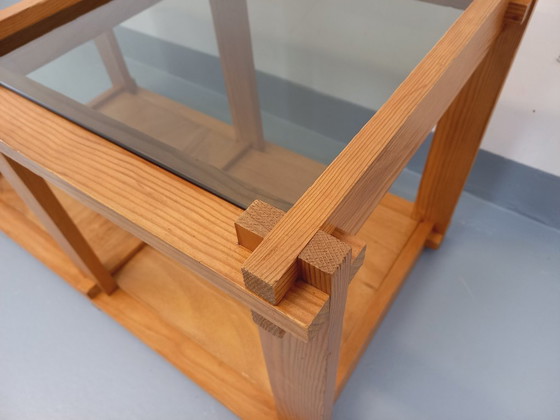 Image 1 of Vintage rectangular coffee table in pine and smoked glass from the 70s and 80s