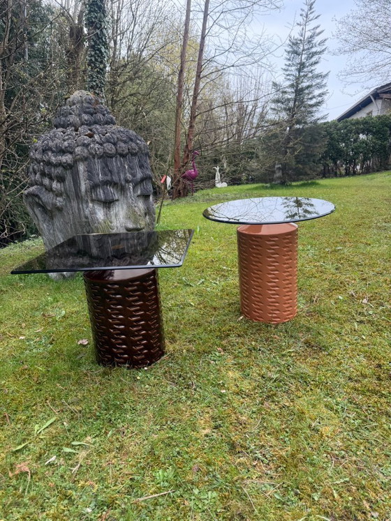 Image 1 of Mesa auxiliar Potocco Italy “Hishi” – Cristal y cerámica (Melocotón) – Diseño clásico – Como nueva