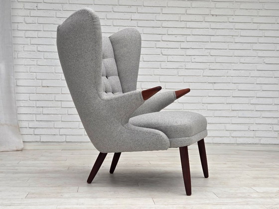 Image 1 of 1960er Jahre, dänischer „Teddy-Stuhl“ mit Hocker, neu gepolstert, Wolle, Teakholz.