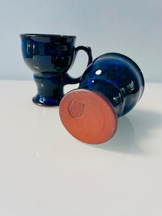 Image 1 of Servizio da tè scandinavo in ceramica blu cobalto: brocca e 2 tazze.