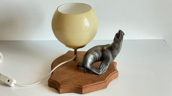 Image 1 of Art Deco Sea Lion Lamp Metal and Blown Glass France