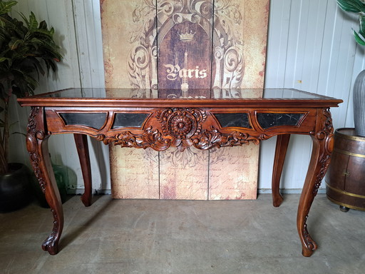 Large side table, hall table, wall console with marble top dim. 153x60cm and 88cm high.
