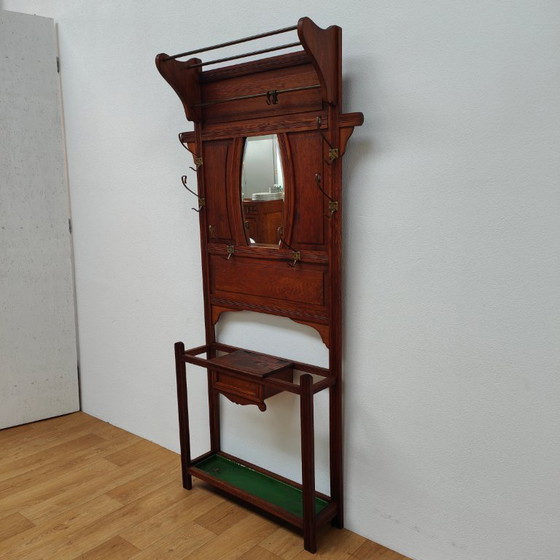 Image 1 of Porte-manteau ancien, porte-manteau sur pied avec miroir, mobilier d'entrée