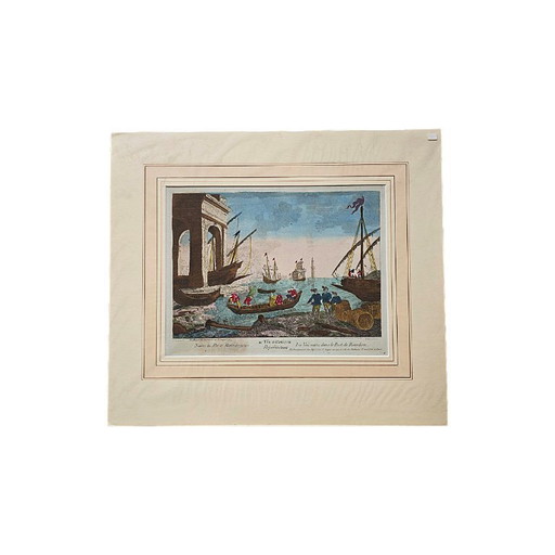 Antieke optica gravure van de Rotterdamse haven, 18e eeuw