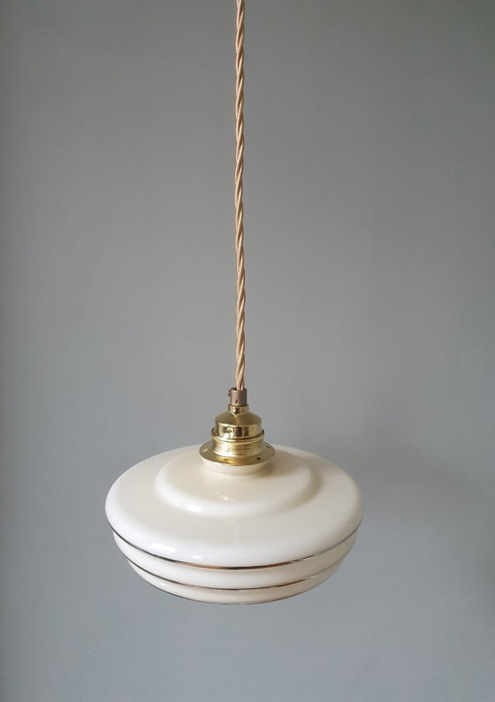 Image 1 of Set of 2 vintage pendant lamps made of opaline glass.