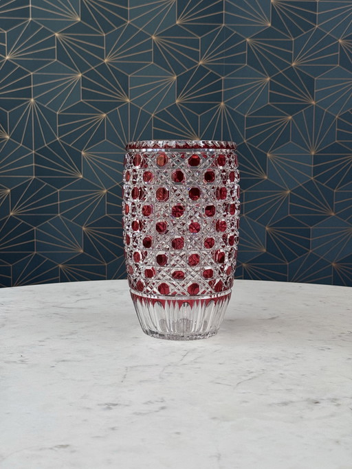 Rare Hand-Cut Overlay Crystal Vase in Ruby – Cristallerie de Lorraine, 1930s