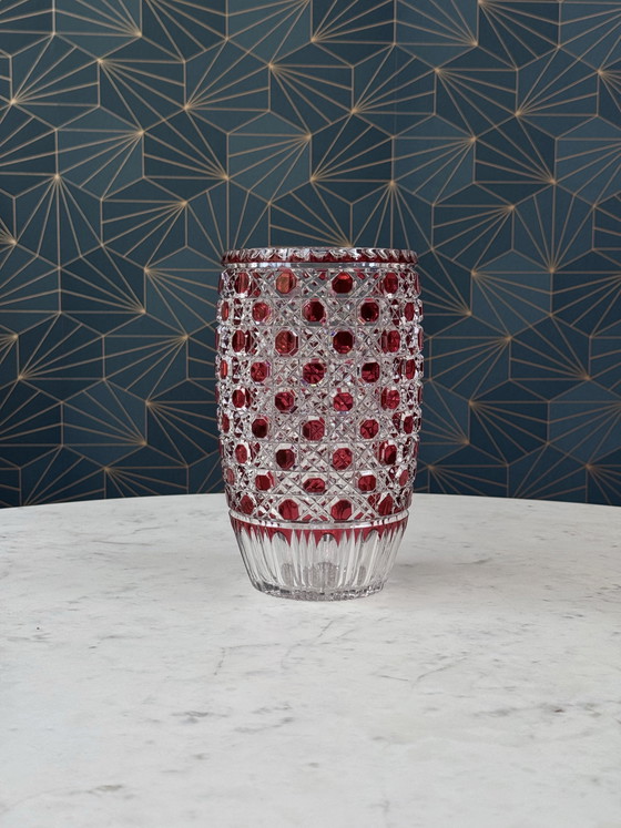 Image 1 of Rare Hand-Cut Overlay Crystal Vase in Ruby – Cristallerie de Lorraine, 1930s