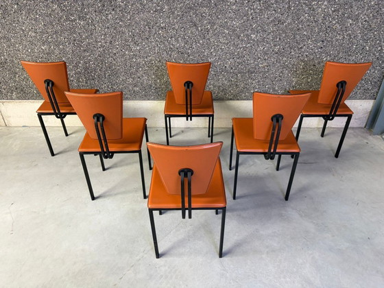Set van 6 postmoderne leren eetkamerstoelen, jaren 70 – Leather, Metal (photo 3 of 7)
